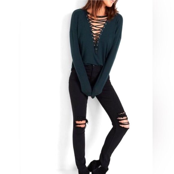 Express One-Eleven Green Lace Up Long Sleeve Top - Picture 1 of 5